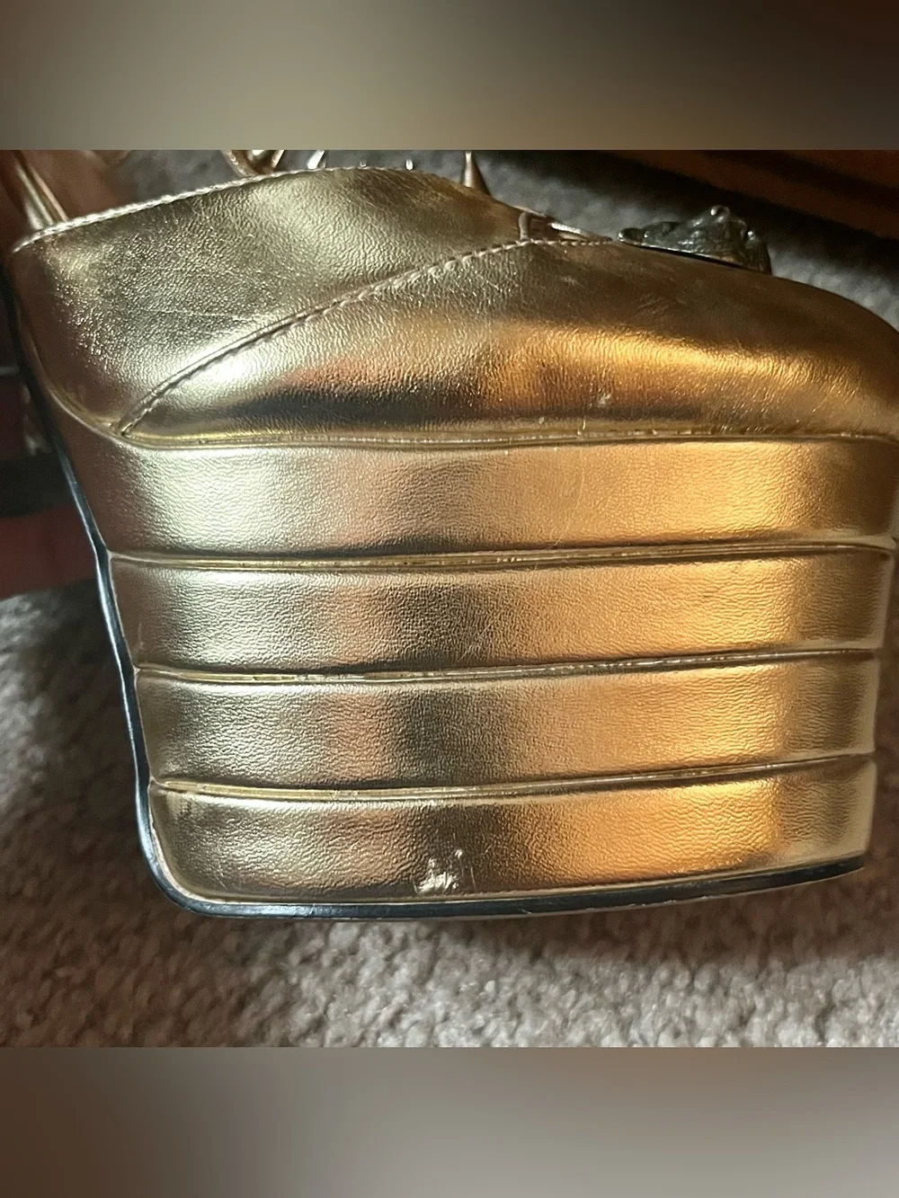 Gold metallic tiger spiked t-strap platform heels 7.5